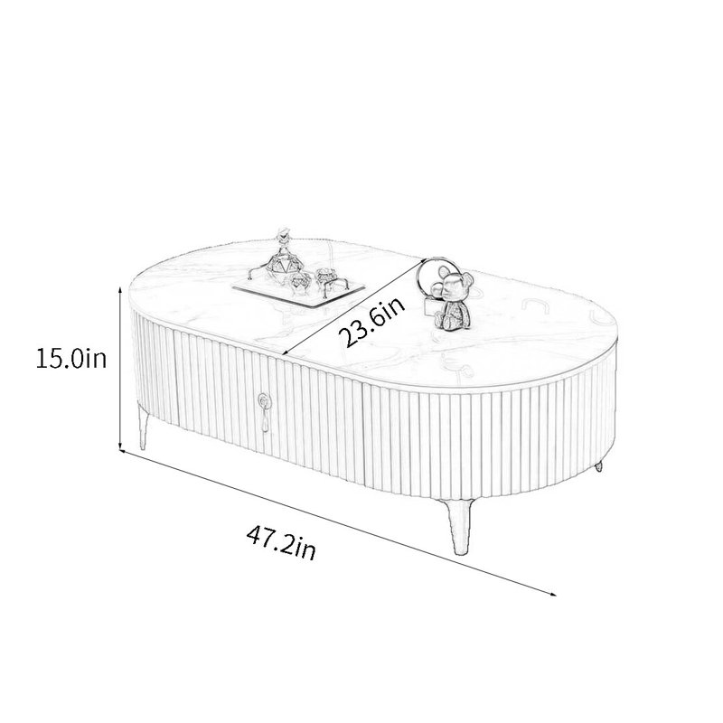 Oval modern simple style coffee table, White/Gray, 15"H x 47.2"L x 23.6"W, Gray