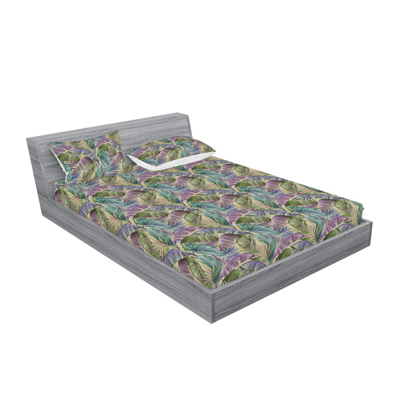 Drap-housse et taies décoratives 3 pièces Ambesonne, Lilas et kaki pâle / motif floral écume de mer