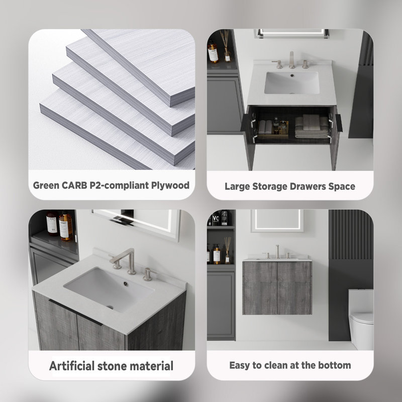 Meuble-lavabo suspendu de 61 cm (24 po) avec lavabo en céramique, portes à fermeture amortie, comptoir et dosseret en marbre reconstitué blanc granité de 1,5 cm (0,6 po), armoire en contreplaqué, chêne gris
