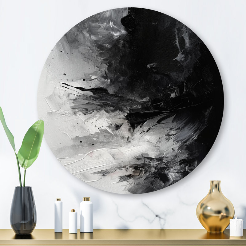 «Black Textured Splash Paint», art mural rond en métal abstrait III, H 16 po x l 16 po x P 1 po
