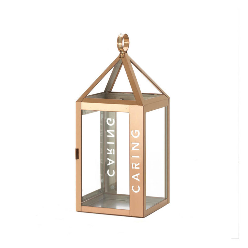 LARGE ROSE METAL CARING LANTERN, 13.75'' H x 5.5'' W x 5.5'' D