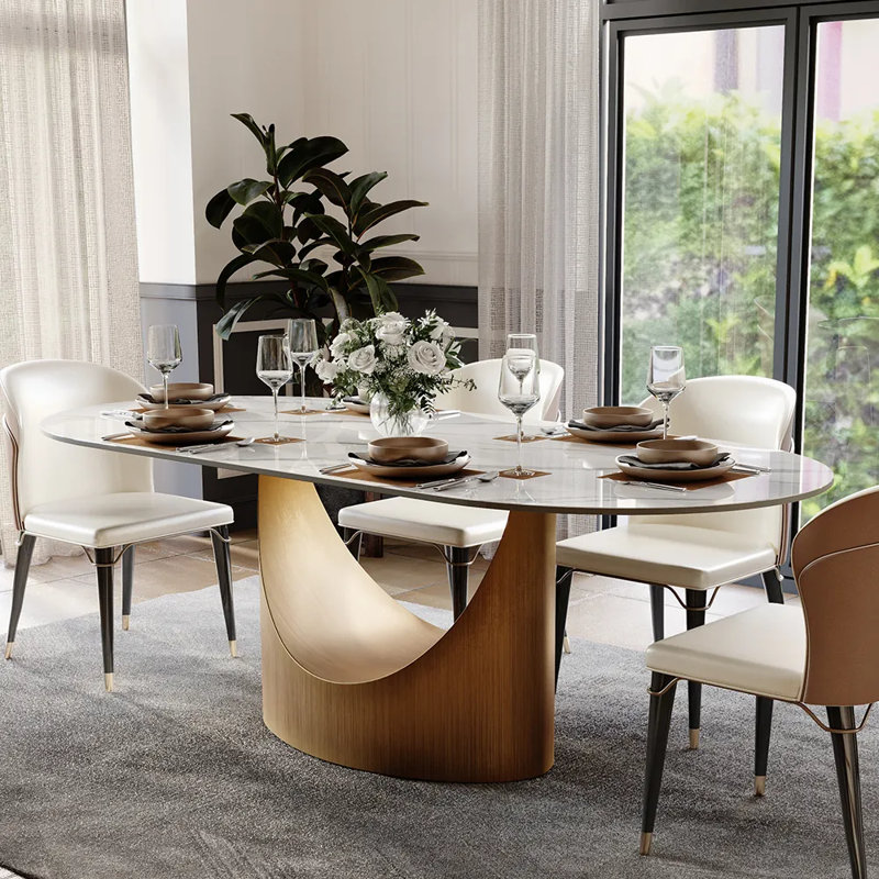 7 Pieces Dining Room Sets, Pre-Assembly Oval Dining Table Sets, Sintered Stone Tabletop Kitchen Dining Table Set With Upholstered Chairs