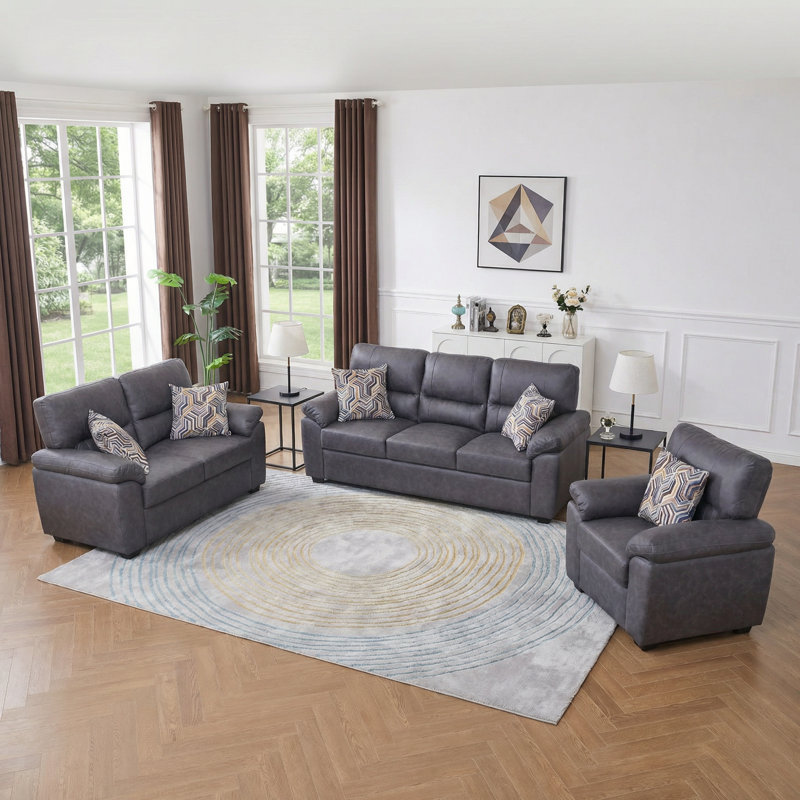 3-Piece Leathaire Living Room Furniture Set - Easy to Clean, with Chair, Loveseat and Sofa, Gray