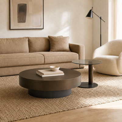 Modern 2-Piece Round Coffee Table Set with Stainless Steel Drum Coffee Table and Tempered Glass End Table, Bronze and Black