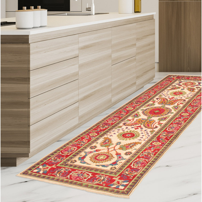Tapis de couloir ivoire en laine noué à la main de conception unique 3 pi 1 po x 9 pi 5 po Monigue