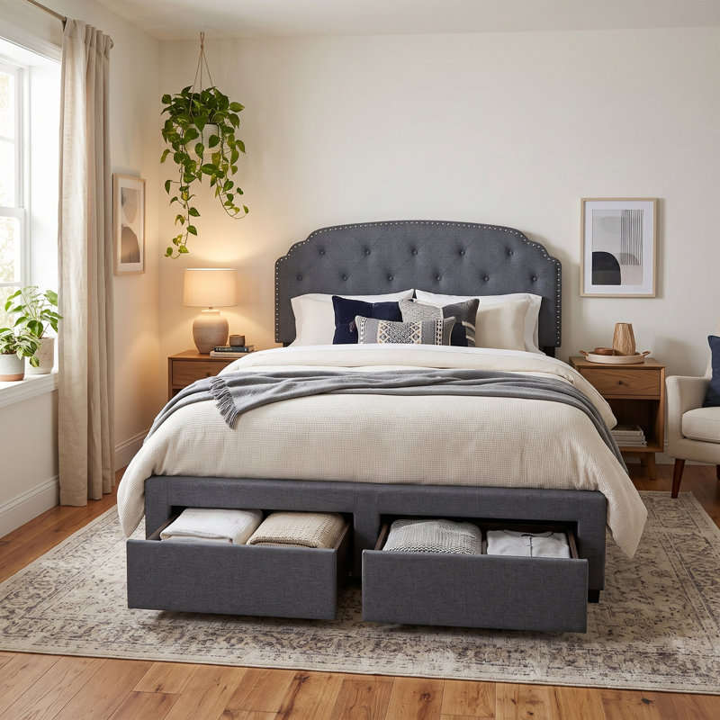 Ayotte Upholstered Standard Bed with Drawers, Queen, Dark Gray