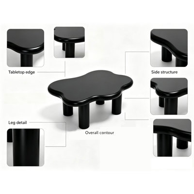 40'' Wood Cloud Coffee Table with 4 Round Legs, Low Cute Small Tea Table, Unique Irregular Center Table for Living Room,Apartment, Black.
