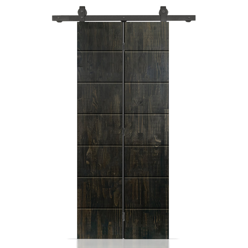 Porte de grange pliante en bois de pin avec quincaillerie coulissante, 34 po x 80 po, Noir anthracite