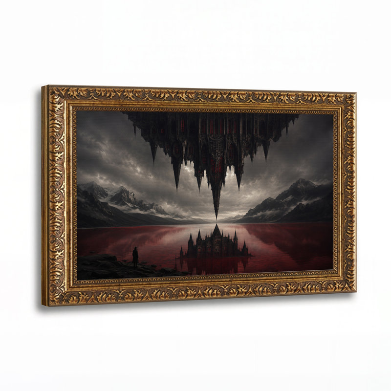 Toile murale surréaliste représentant un château gothique à l'envers surplombant le lac rouge, idéale pour l'Halloween