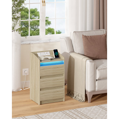 Bedside Table with 3 Drawers, Bedside Cabinet, Side Table with Charging Station and LED, 2 AC and 2 USB Ports, Nightstand for Bedroom, Living Room, End tables 