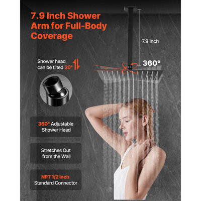 Ensemble de robinet de douche, système de douche de salle de bain à pluie avec pomme de douche à pluie carrée de 10 pouces et douchette, robinetterie de fixation au plafond avec valve en laiton et ensemble de garniture, noir mat