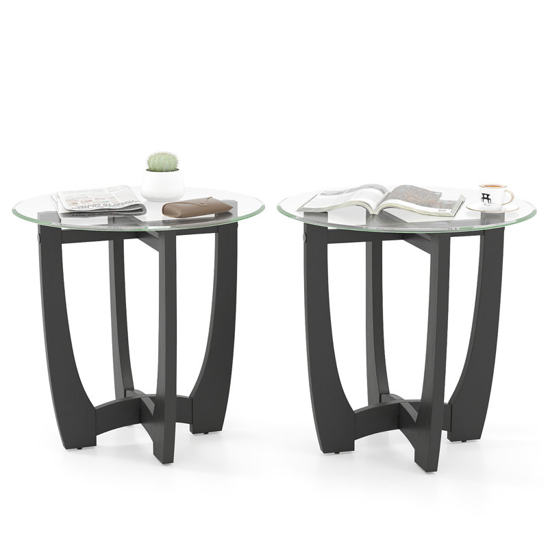  2PCS 23.5'' Round End Table w/Glass Tabletop Cross-shaped Solid Rubber Wood Frame