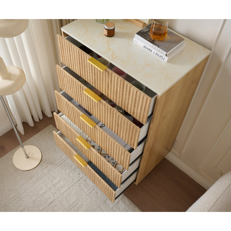 5 Drawers Tall Bedroom Dresser, Wood Closet Clothes Modern Chest Of Drawers, Natural Oak