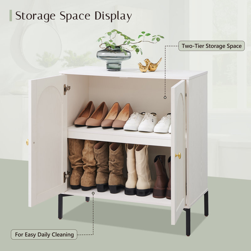 Modern Fluted Arched Shoe Cabinet with Storage, 34" Tall Wooden Shoe Storage Cabinet w/Adjustable Shelves, White