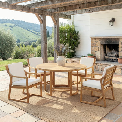Ensemble de salle à manger pour 4 personnes en bois avec table ronde et trou pour parasol, coussins inclus
