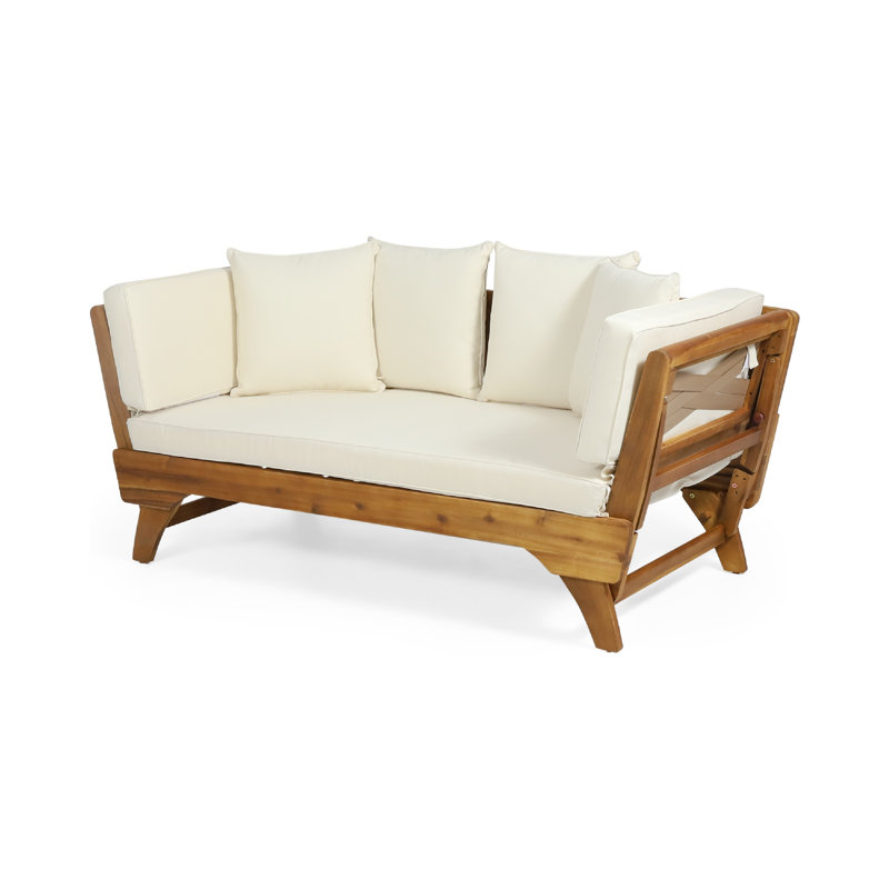 Flex Outdoor Daybed, Brown Wood, 65 Inch, Ivory Polyester Cushions, Ivory, Teak Brown