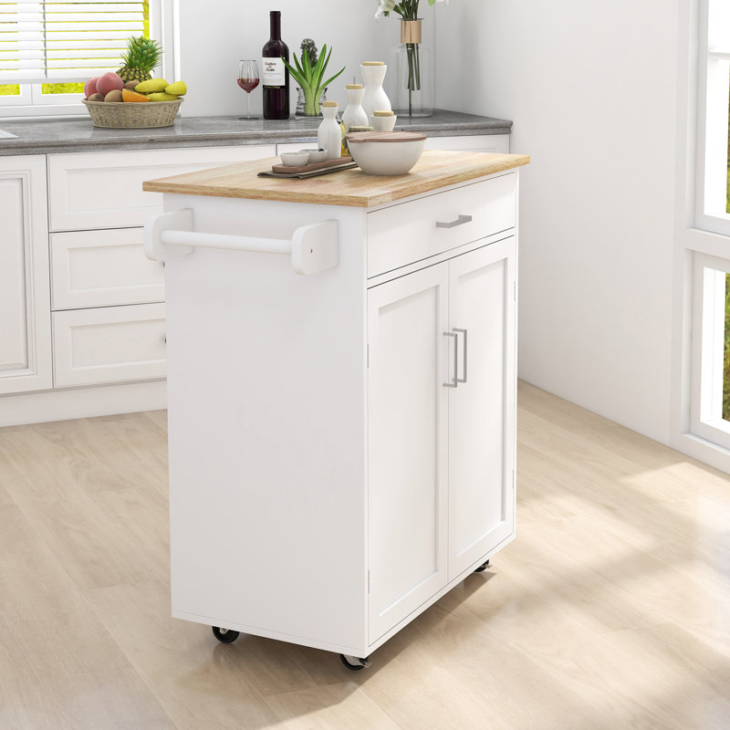 Kitchen Island With Adjustable Shelves, Drawer, Towel Rack & Stable Construction White Lockable , Double Doors, Solid Rubber Wood Top