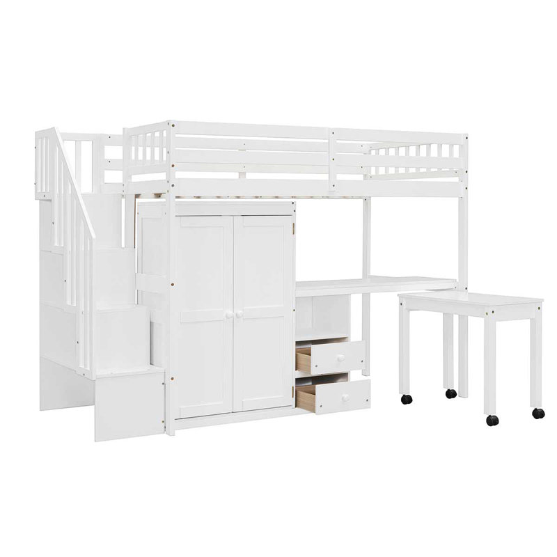 Twin Size Loft Bed With Desk & Wardrobe Loft Bed With Multifunctional Furniture For Bedroom, White