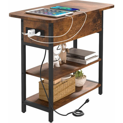 End Table With Charging Station, Flip Top Side Table With USB Ports And Outlets, Sofa Couch Table Bedside Table For Living Room Bedroom, Narrow Nightstand With Storage Shelves For Small Space