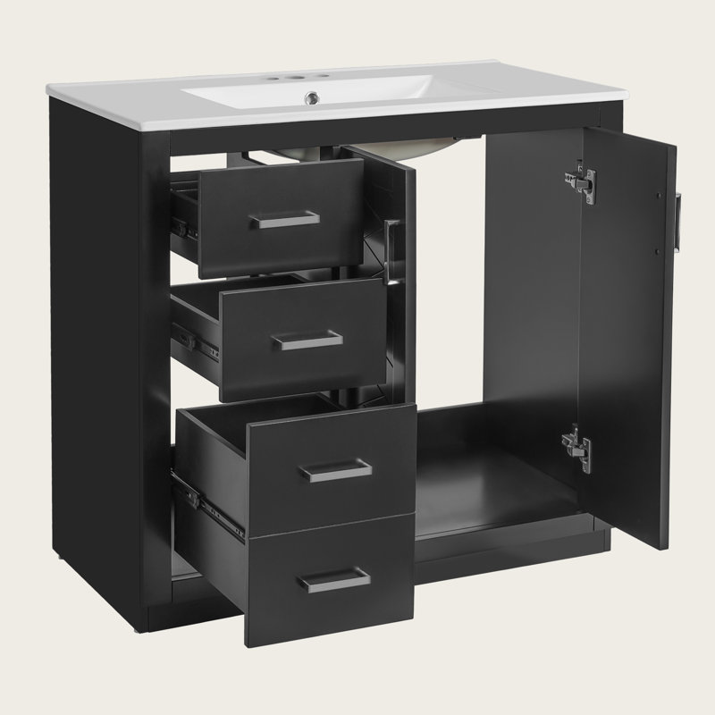 Meuble-lavabo sur pied 36 po avec lavabo en céramique, structure en bois massif, 3 tiroirs, portes à fermeture en douceur