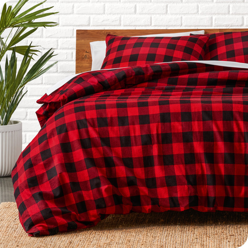 Flannel Duvet Cover and Sham Set, Queen Duvet Cover + 2 Standard Shams, Red/Black