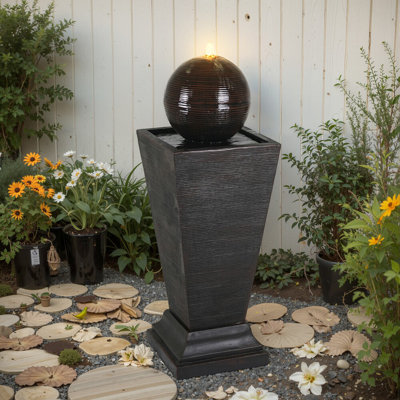 35.5"h Dark Brown Concrete Tall Column Fountain – Led-lit Retro Outdoor Decor, Resilient Landscape Feature With Circulating Pump For Classical Courtyards/gardens
