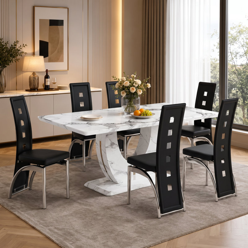 Ensemble de salle à manger contemporain 7 pièces avec table rectangulaire sur pied en faux marbre et chaises en similicuir