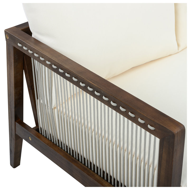 Ensemble de causeuse et table basse d'extérieur 2 pièces avec structure en bois d'acacia, coussins beiges et finition brun foncé