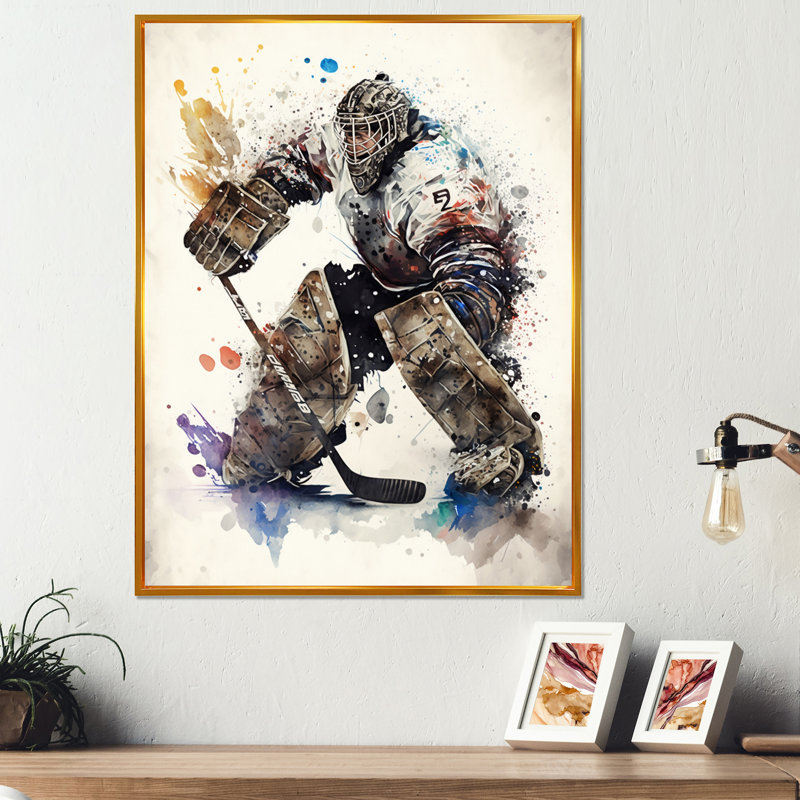 Hockey Hockey Gardien V - Impression sur toile, H 40 po x l 30 po x P 1,5 po, Toile avec cadre flottant or