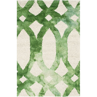 Amekia Hand Tufted Wool/Cotton Geometric Rug in Green/Ivory