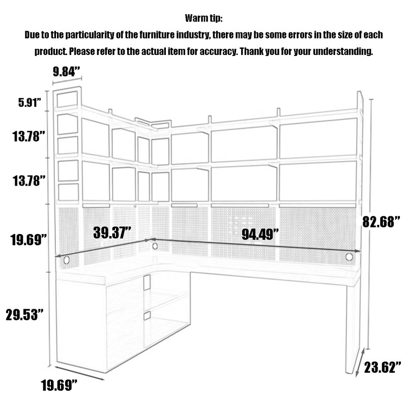 Solid Wood L-Shaped Desk Integrated with Bookcase and Bookshelf, 82.68" H x 94.49" W x 39.37" D