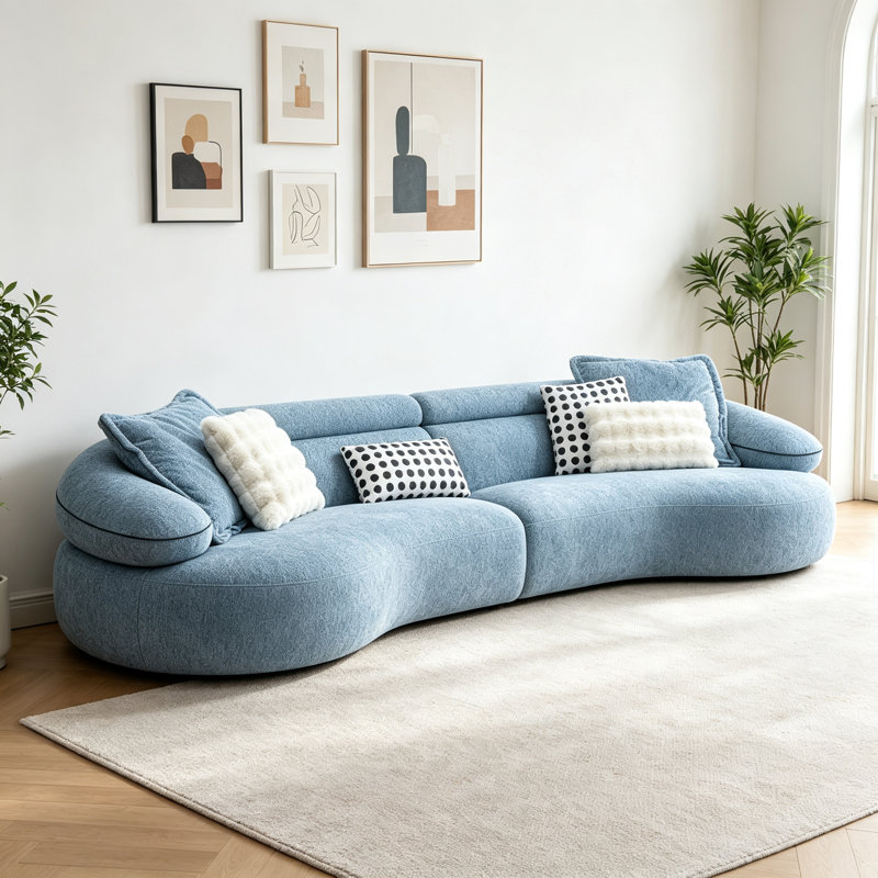 Canapé courbé de style français French, Blue Chenille
