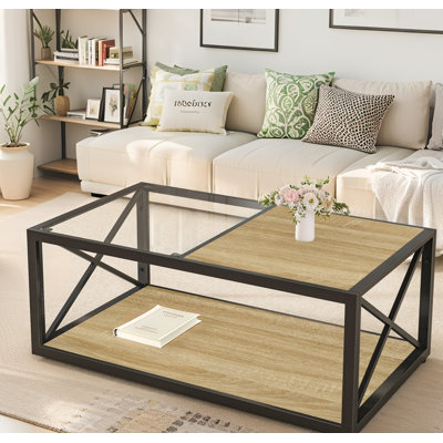 39.37" Industrial Coffee Table, Tempered Glass & Solid Wood MDF Top