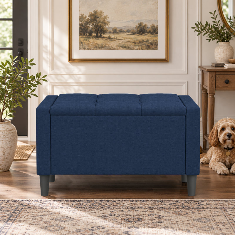 Friesen Polyester Blend Upholstered Bench with Flip Top, 19.4" H x 29" W x 18.3" D, Denim Blue