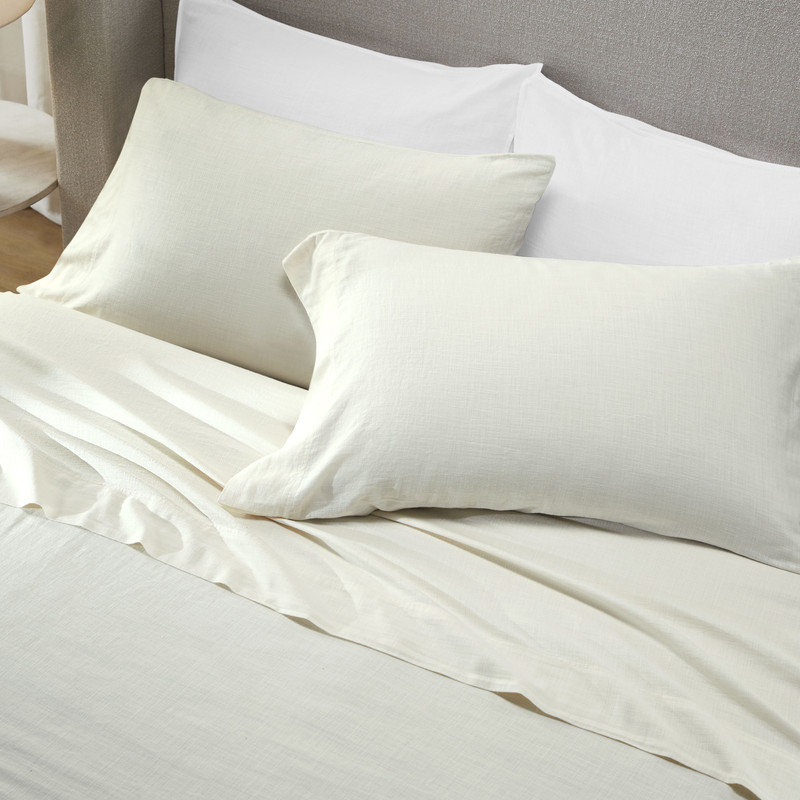 Chloe 100% Cotton Linen Texture Vintage Wash Solid Percale Pillowcases Set Of 2, Ivory