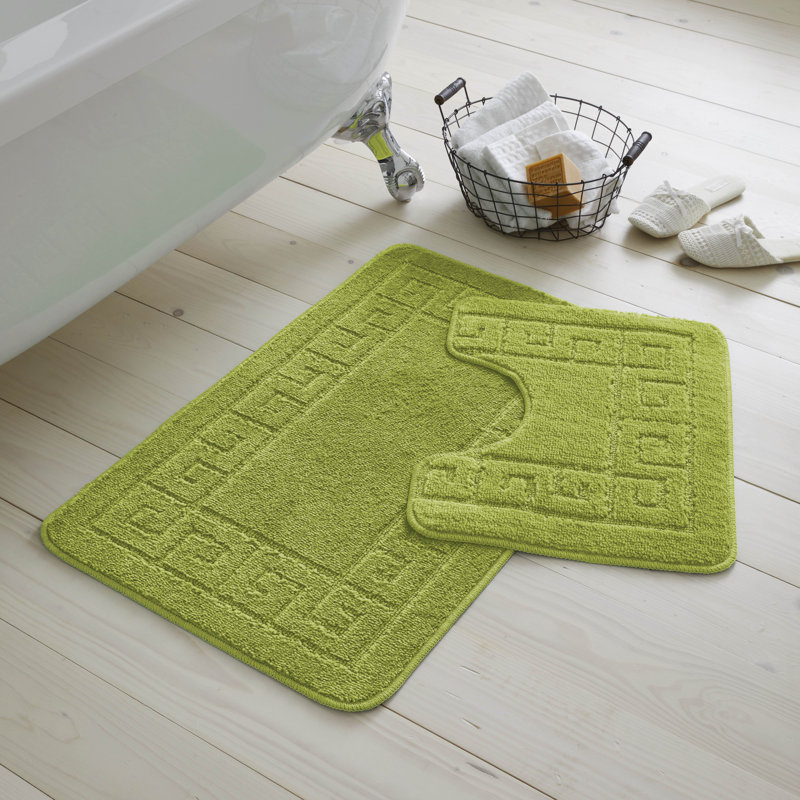 2 Piece Bathroom Rug Set Greek Key Pattern Bath Mat & Pedestal Mat Non Slip Rubber Back Soft Absorbent Mats, Green