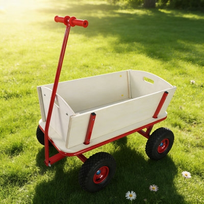 Wagon extérieur en bois à quatre roues Scendor, capacité de charge de 260 lb, métal rouge et bois clair