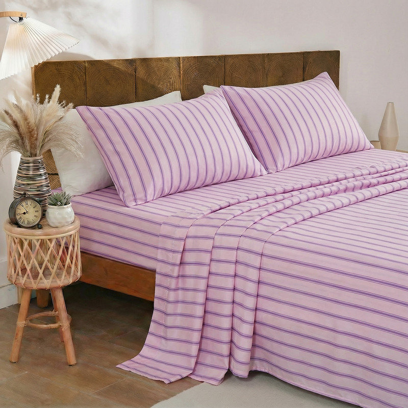 100% Cotton Sheet Set King Size - Pink & Purple Striped Bedding, Soft Breathable Percale Weave, Deep Pocket Fitted Sheet 17.5", Luxury & Silky Soft Sheet Set for All Seasons