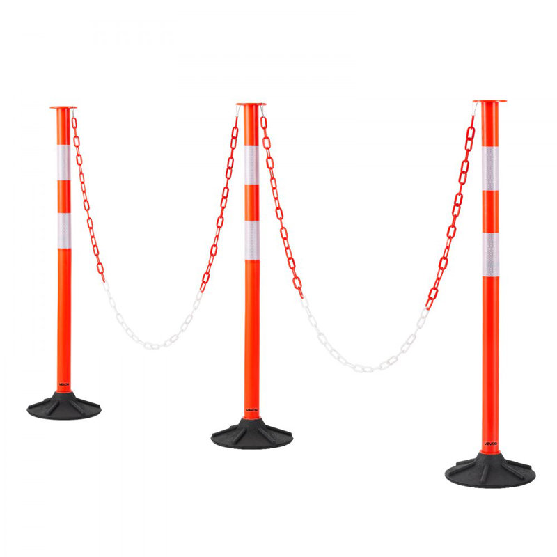 Poteaux de délimitation de la circulation, cônes de sécurité de la circulation de 34 po avec base lestée, bandes et chaînes réfléchissantes, poteaux de délimitation robustes pour chantier de construction, parc de stationnement, contrôle des foules, rouge