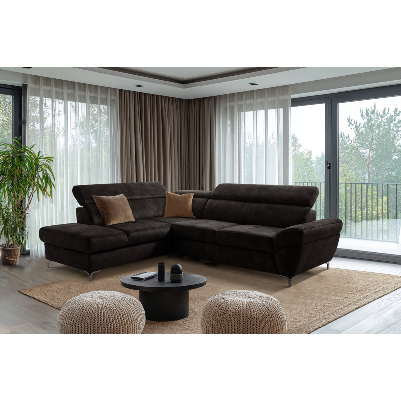 MONTANA Fabric Corner Sofa with Sleeping Function and Storage and Adjustable Headrests, Left Hand Facing, Dark Brown