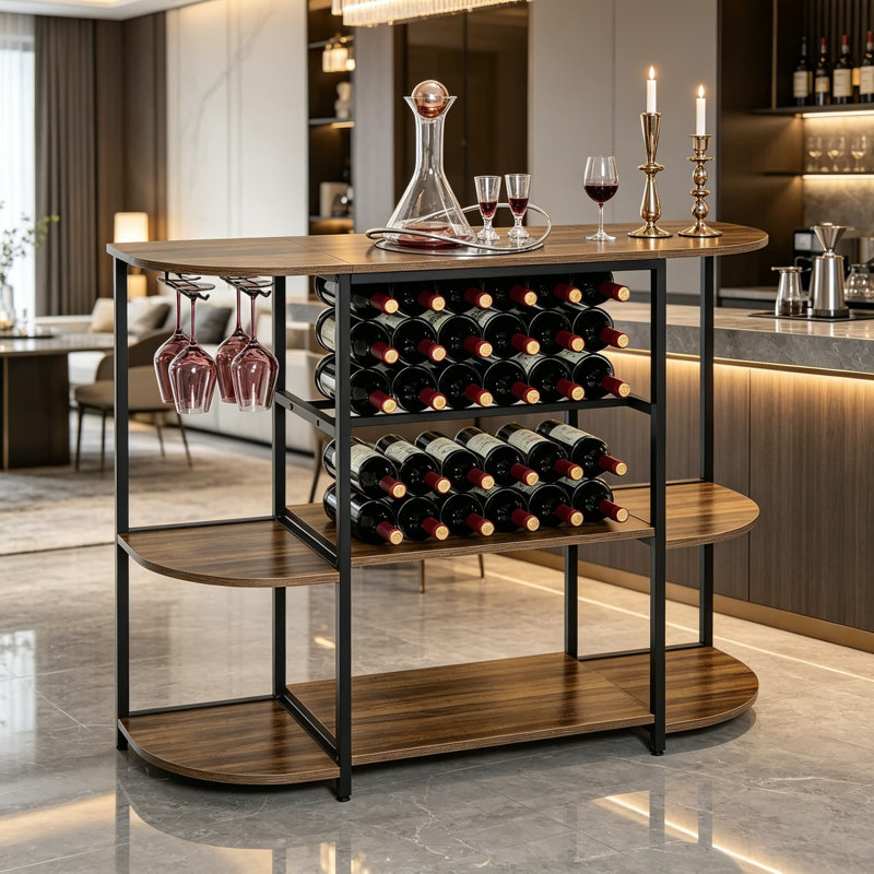 Armoire à vin avec support pour 18 bouteilles et porte-verres, îlot de cuisine autoportant de 47 pouces avec tablettes de rangement pour la salle à manger ou le salon