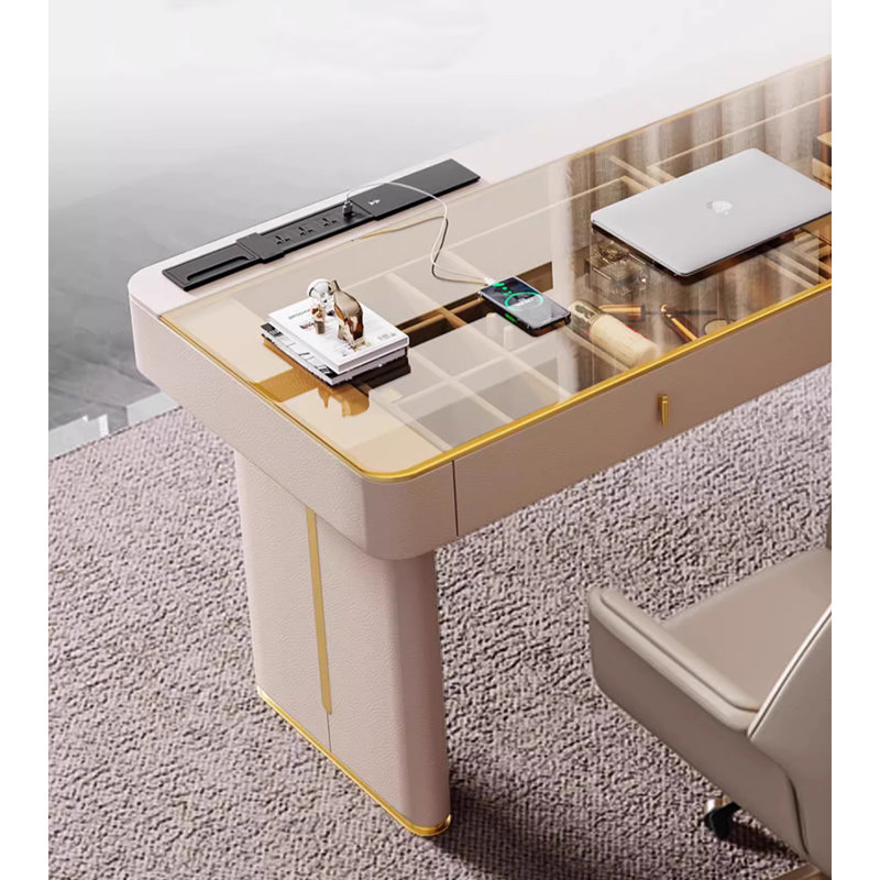 Bureau moderne en verre + armoire à tiroirs, H 29,53 po x l 62,99 po x P 23,62 po