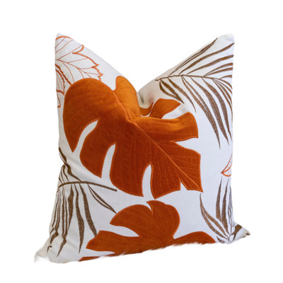Lefy Accent Pillow, Orange Autumn Leaf Design On White Velvet, 20 Inch Square