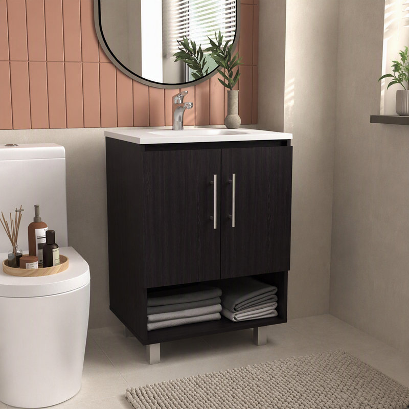Meuble-lavabo, 2 portes, 4 tablettes, wengé noir
