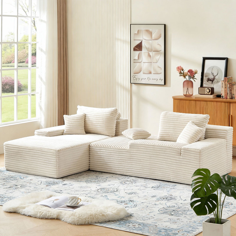 Upholstered Boneless Compression Faux Rabbit Fur Flannel Modular Oversized Sleeper Sofa with Pillows No Assembly Required