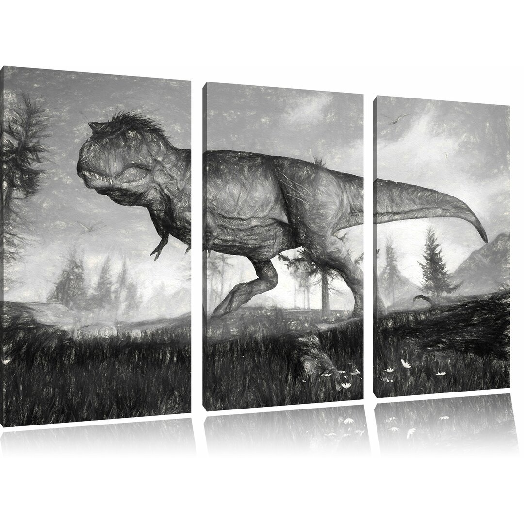 3-tlg. Leinwandbild-Set „T-Rex-Dinosaurier in der Natur“, Kunstdruck