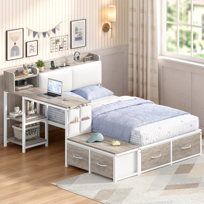 Lit simple d'angle avec bureau et 4 tiroirs, lit de jour pour chambre d'amis, blanc et gris chêne, Twin, Blanc et gris