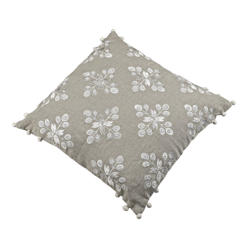 Housse de coussin carré 100% lin, polyester, Motif floral gris / beige