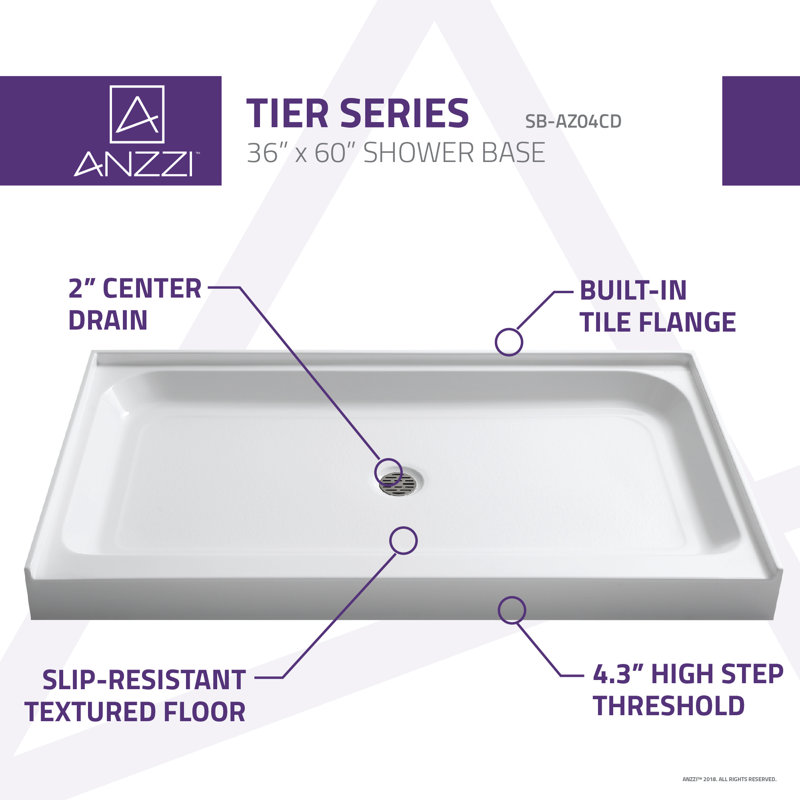 Glossy White 60" x 36" Acrylic Shower Base with Center Drain