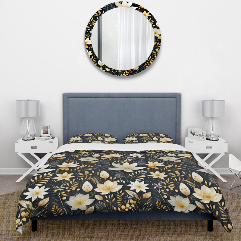 Ensemble de housse de couette beige et noir à motif de plantes fougères, Housse de couette pour très grand lit et 2 très